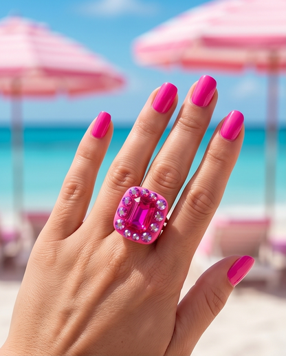 Bague Pate polymere, rose, cristaux, bague réglable