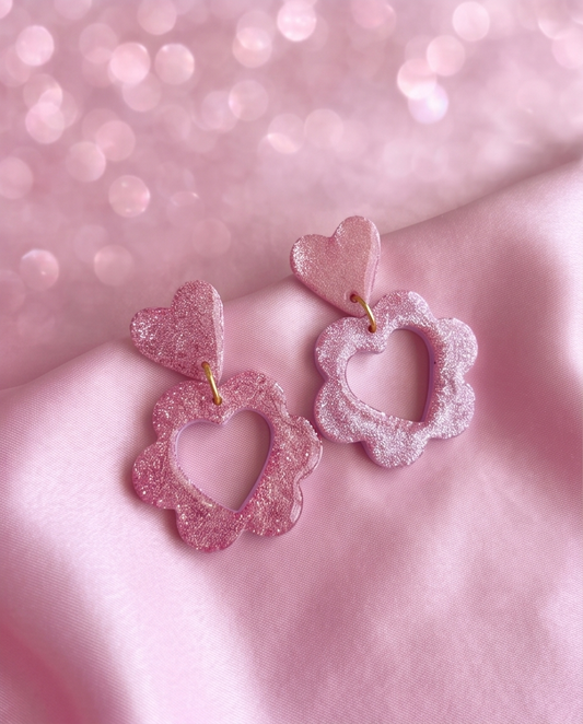 Boucle d'oreille, rose pailleté, coeur, fleur