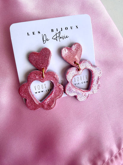 boucle d'oreille, rose pailleté, girly, fleur, coeur