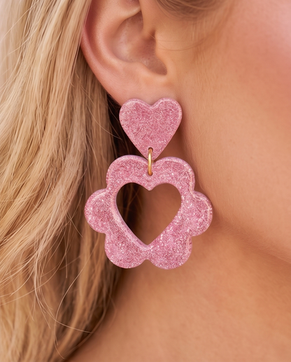 boucle d'oreille, en forme de fleur, pendante, rose pailleté