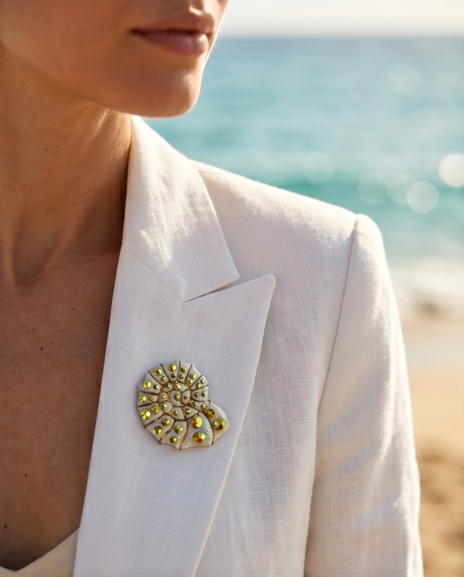 broche, cristaux, collection été, corail, coquillage