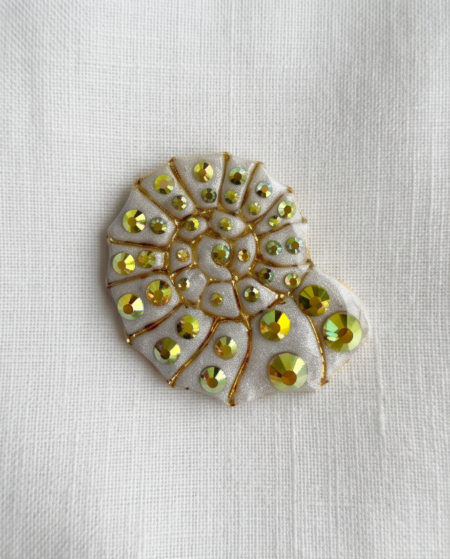 Broche, coquillage, cristaux