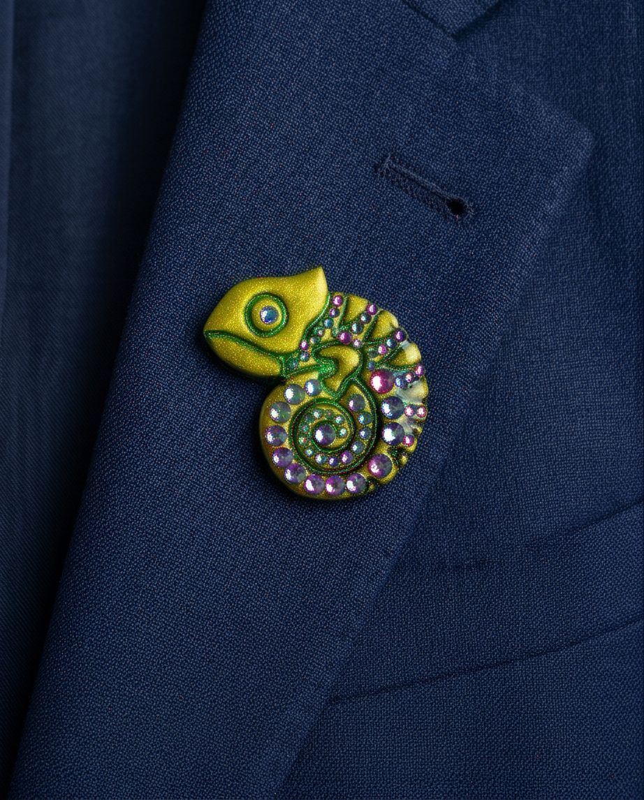 broche, caméléon, cristaux de verre, vert
