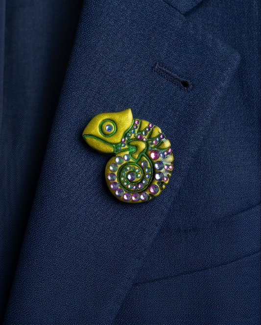 broche, caméléon, cristaux de verre, vert