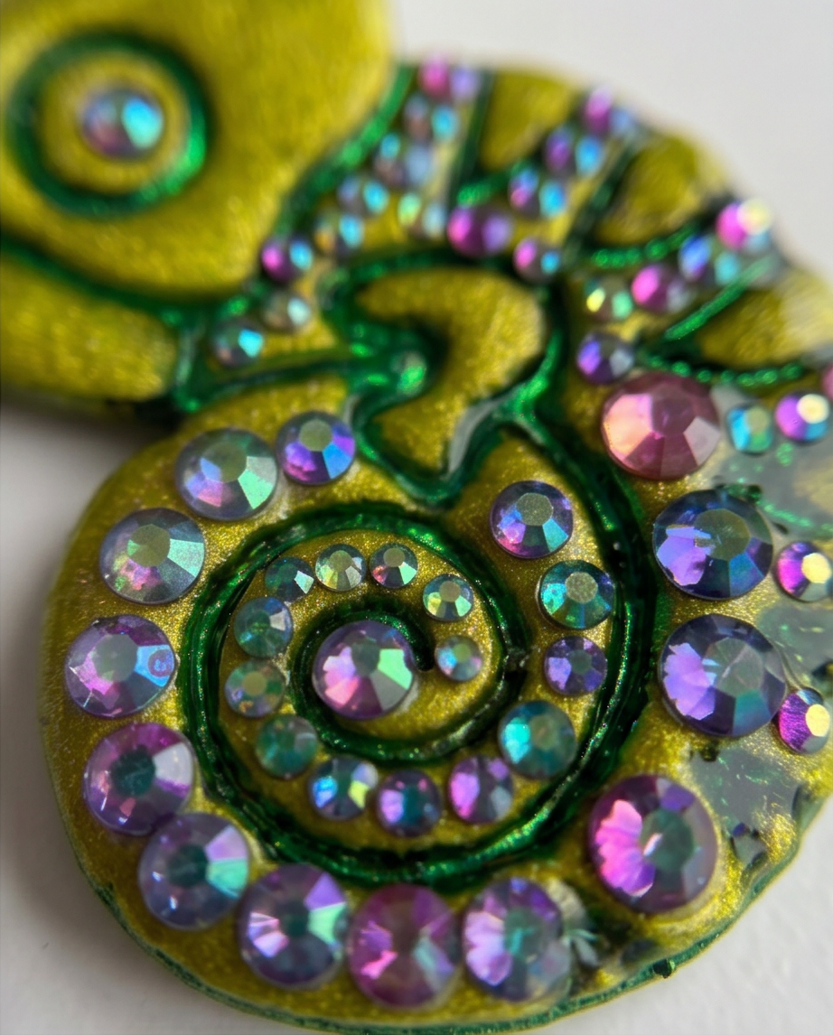 Broche pascal, cristaux de verre, vert, détails