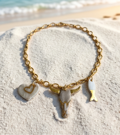 collier avec pendentif, fait mains, acier inoxydable, fimo