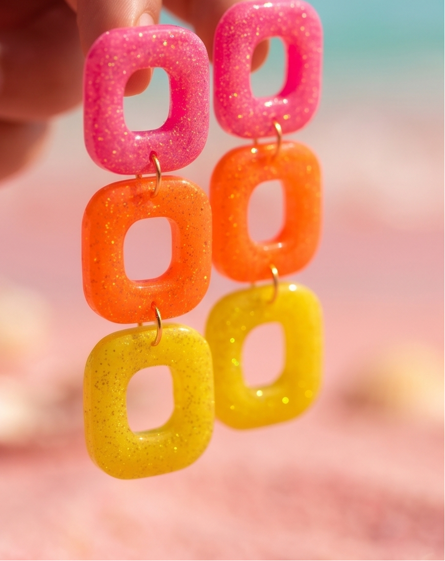 Boucles d'oreilles rétro aux couleurs rose, jaune et orange pailletées