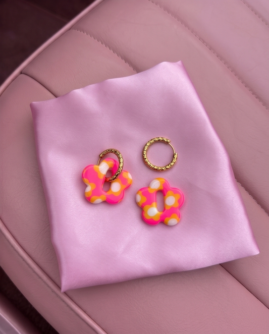 Boucles d'oreille, pampille, fleurs, flashy, rose fluo