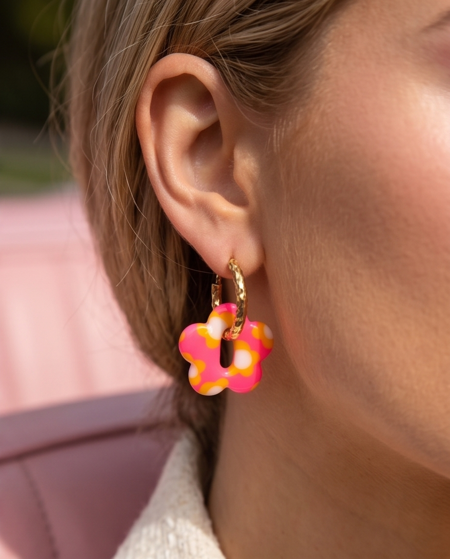 Boucle d'oreille, pampilles, porté, créole, fleur, rose fluo