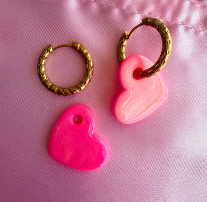 boucle d'oreille, papille, coeur, rose fluo