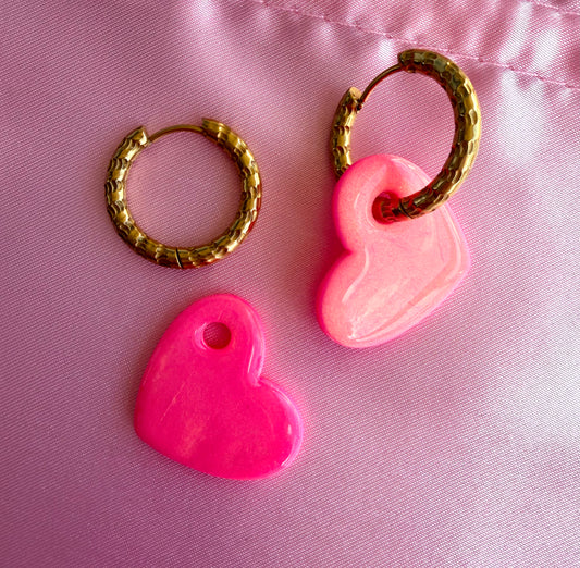 boucle d'oreille, papille, coeur, rose fluo