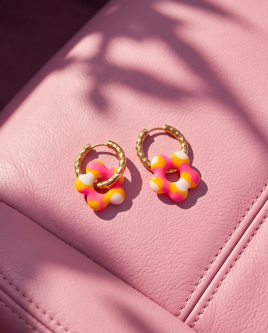 pampille, fleurs, boucle d'oreille, rose fluo
