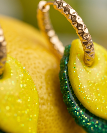 boucle d'oreille, citron , Lemon, détail, jaune pailleté