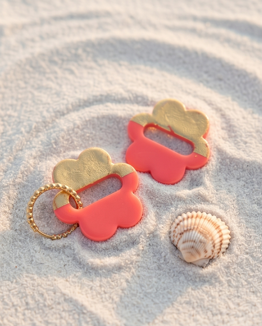 boucle d'oreille grosse fleur couleurs corail et doré