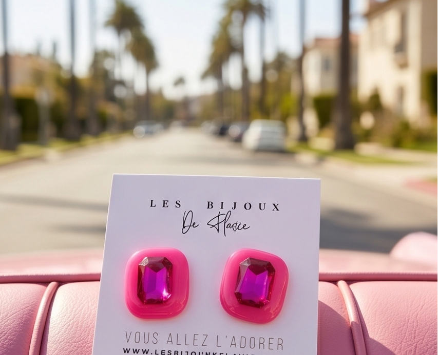 Puces d'oreilles rose, girly, acier inoxydable, cristaux, hypoallergénique