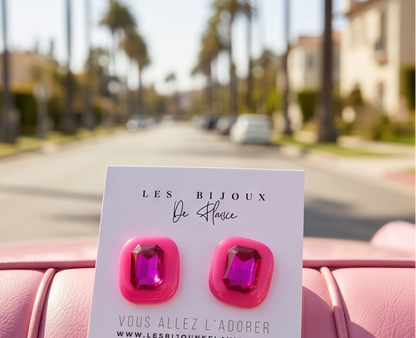 Puces d'oreilles rose, girly, acier inoxydable, cristaux, hypoallergénique