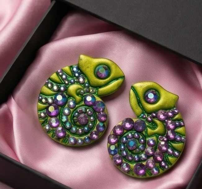 boucle doreille, raiponce, strass, pascal, lézard, caméléon, vert