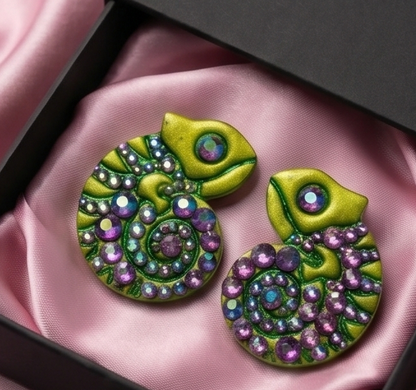 boucle doreille, raiponce, strass, pascal, lézard, caméléon, vert
