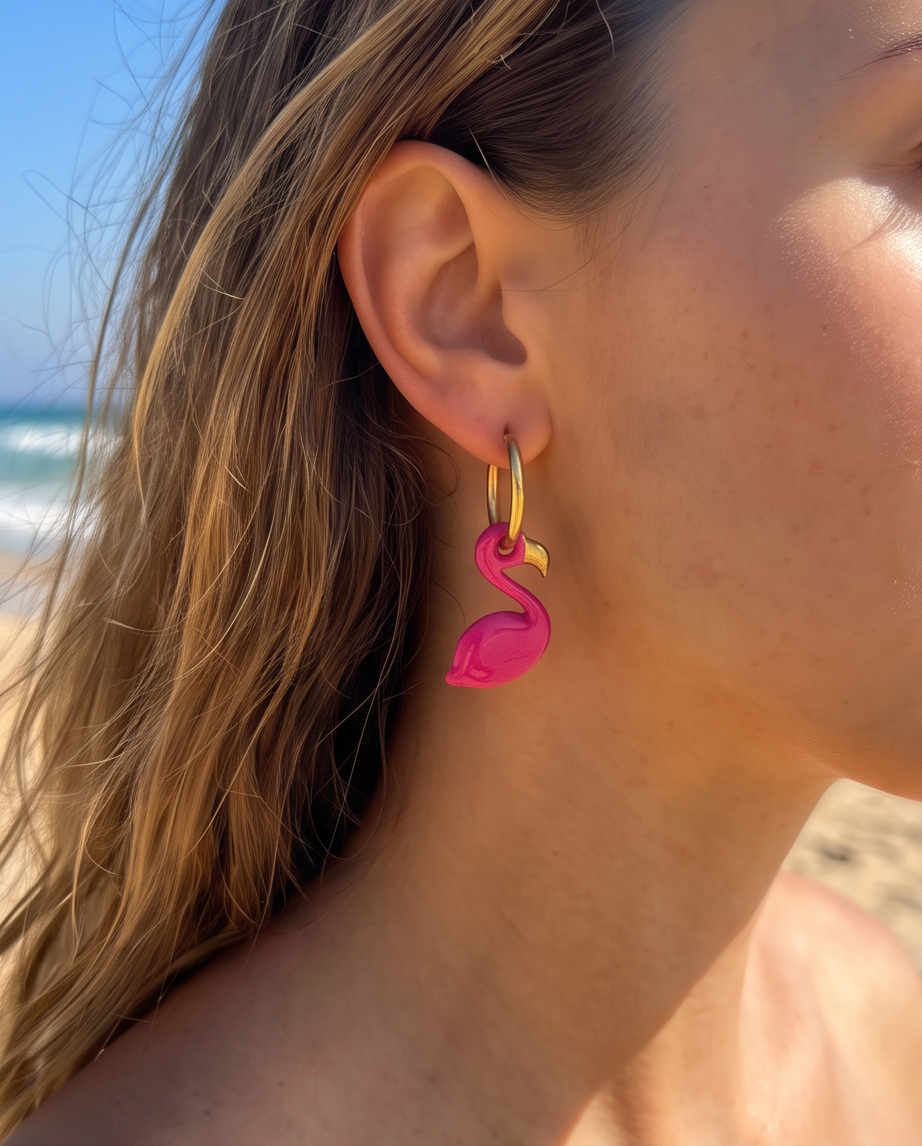 Flamant, boucles d'oreille, rose, doré