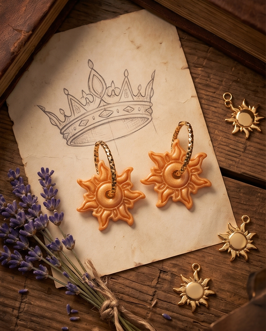 Boucle d'oreille, soleil jaune, doré, raiponce