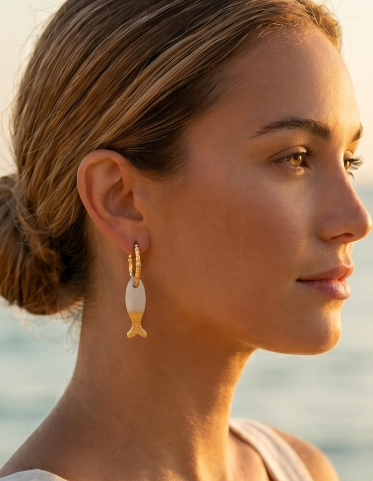 boucle d'oreille en forme de poisson, doré et nacré