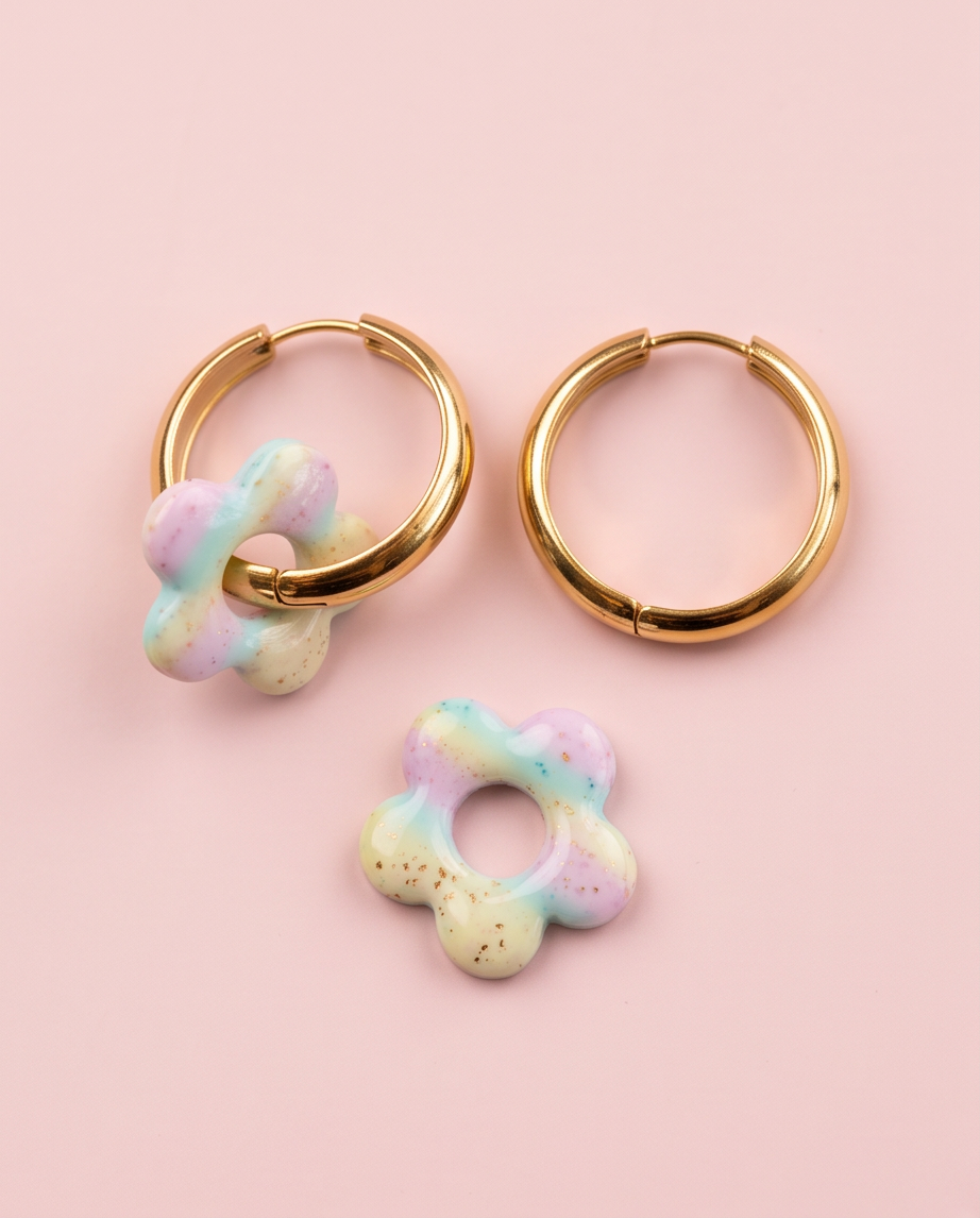 boucle d'oreille, fleur, pastel, arc en ciel